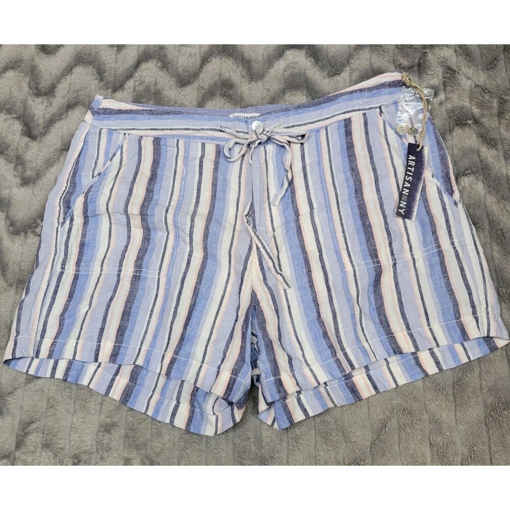 Artisan NY Womens Size 12 100% Linen Blue Striped Walking Shorts NWT